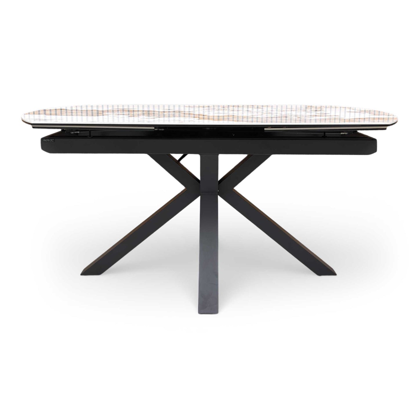 Front dining room setup featuring the Raul marble ceramic table and star-shaped legs.