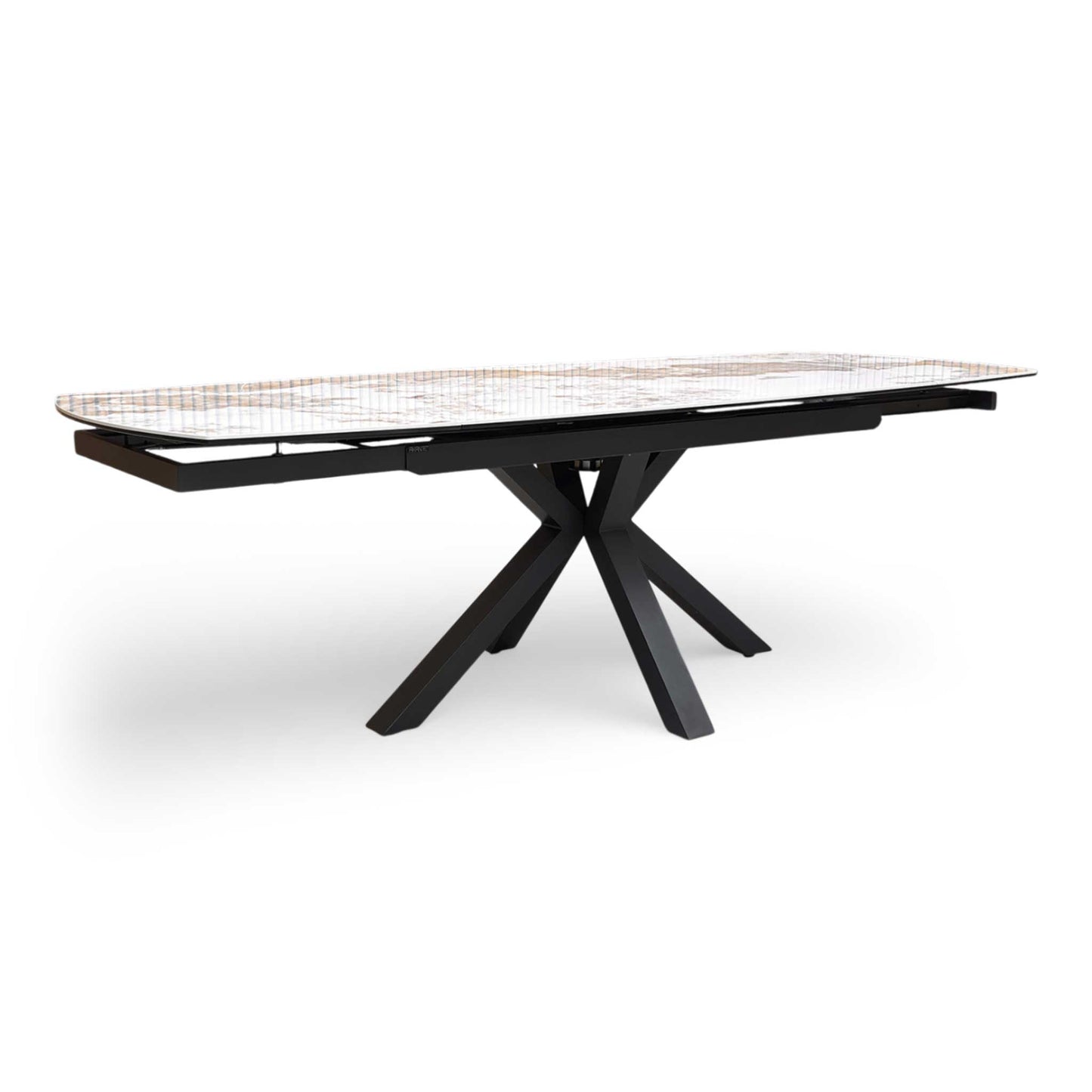 Full view of Furniture Village 'Raul' 160cm extending dining table with a Calcutta marble ceramic top.