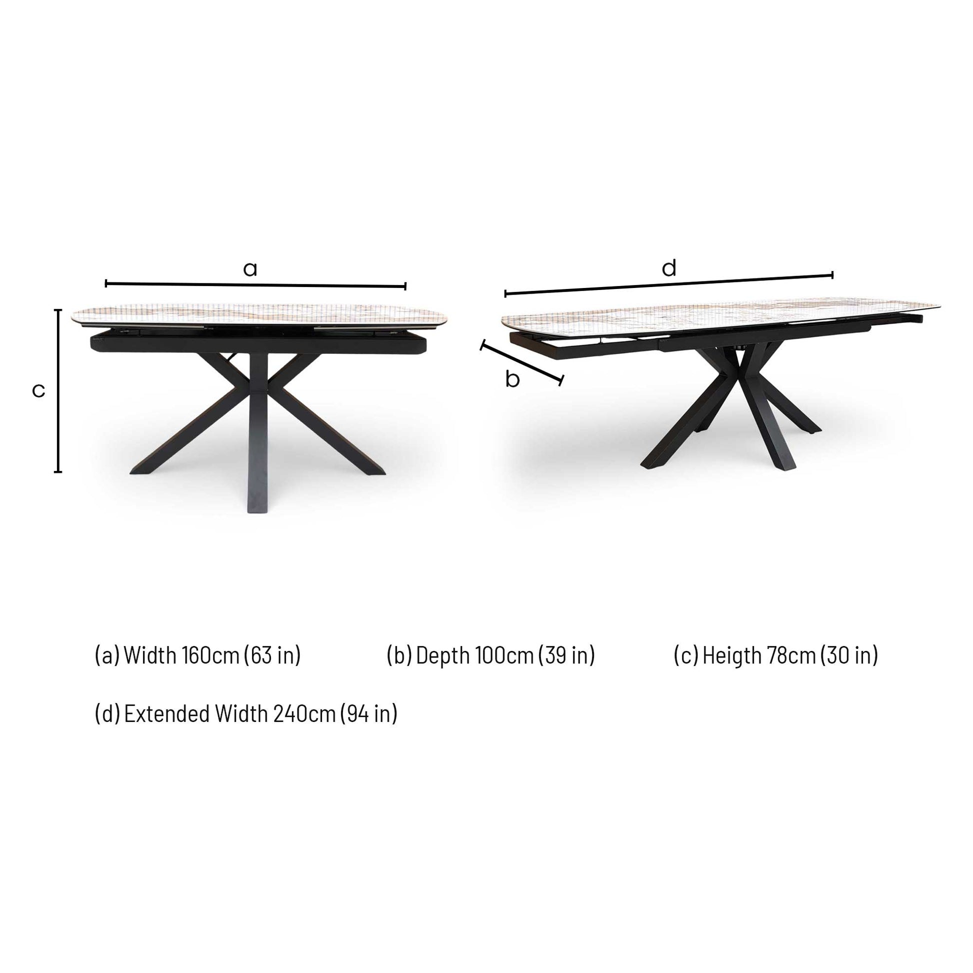Dimension diagram for the Raul Calcutta marble ceramic 160cm pop-up extending table.