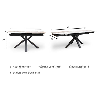 Dimension diagram for the Raul Calcutta marble ceramic 160cm pop-up extending table.