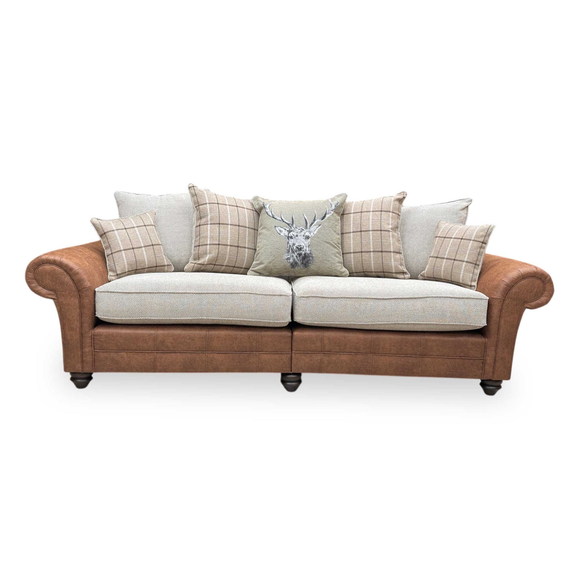 Front view The ‘Charles’ 4-seater split-frame sofa in Sultan Oatmeal combination fabric, featuring a relaxed scatter back design and classic proportions.