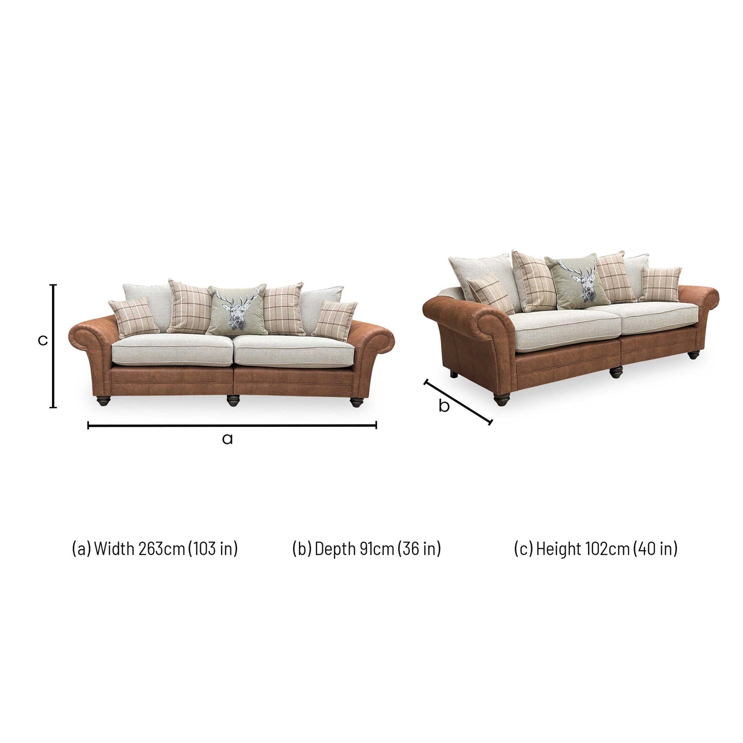 Dimensions for the ‘Charles’ Sultan Oatmeal Combination Fabric 4 Seater Split Frame Sofa.