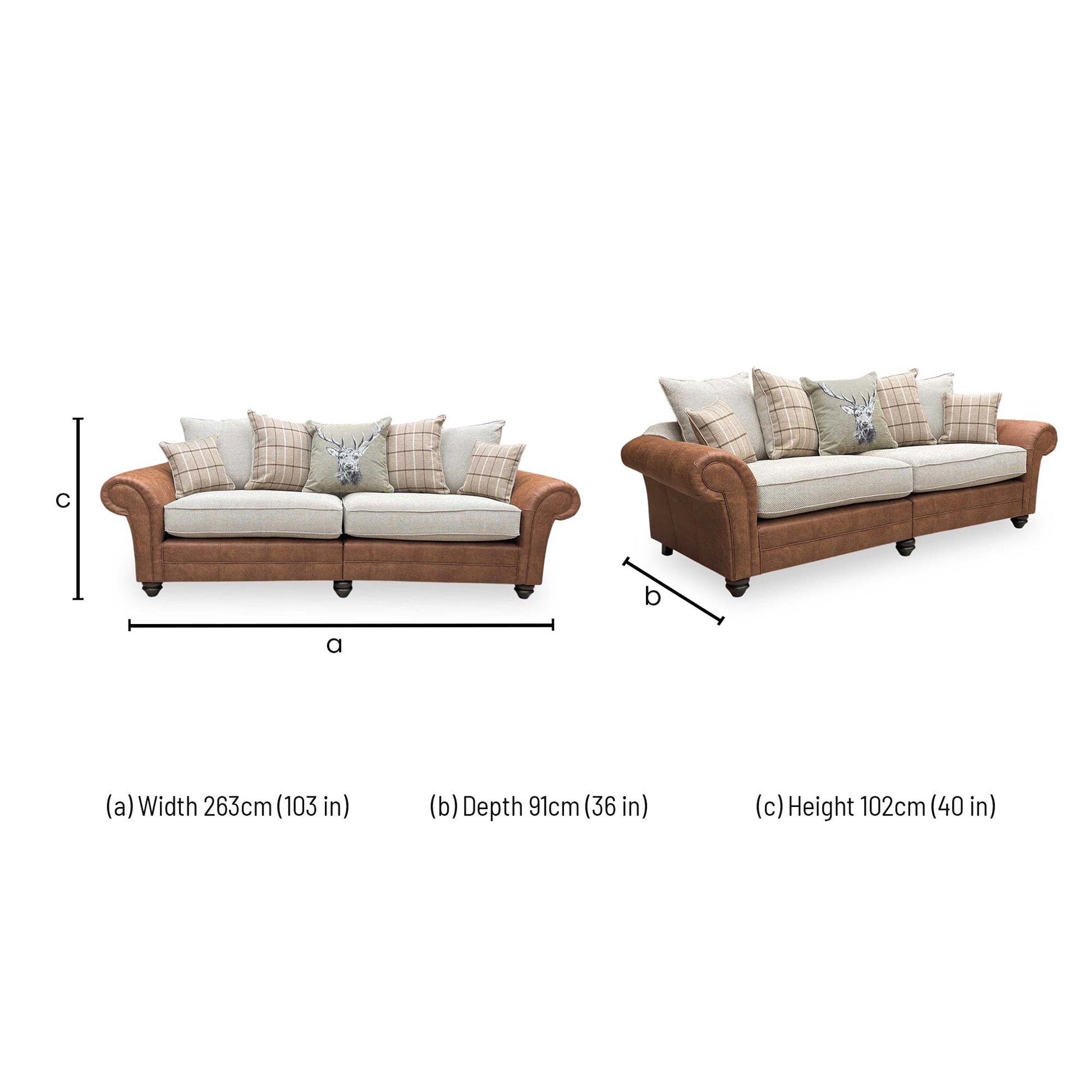 Dimensions for the ‘Charles’ Sultan Oatmeal Combination Fabric 4 Seater Split Frame Sofa.
