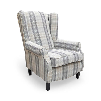 Full View The ‘Shirley’ large accent chair in Taupe and Grey checkered Winchester fabric, featuring a classic tight-weave pattern and a sophisticated, comfortable silhouette.