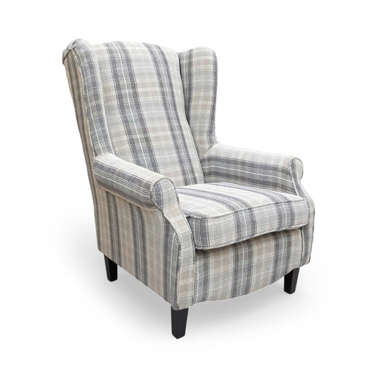 Full View The ‘Shirley’ large accent chair in Taupe and Grey checkered Winchester fabric, featuring a classic tight-weave pattern and a sophisticated, comfortable silhouette.