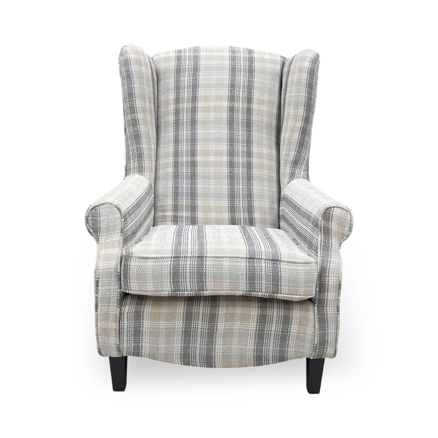 Front View The ‘Shirley’ large accent chair in Taupe and Grey checkered Winchester fabric, featuring a classic tight-weave pattern and a sophisticated, comfortable silhouette.