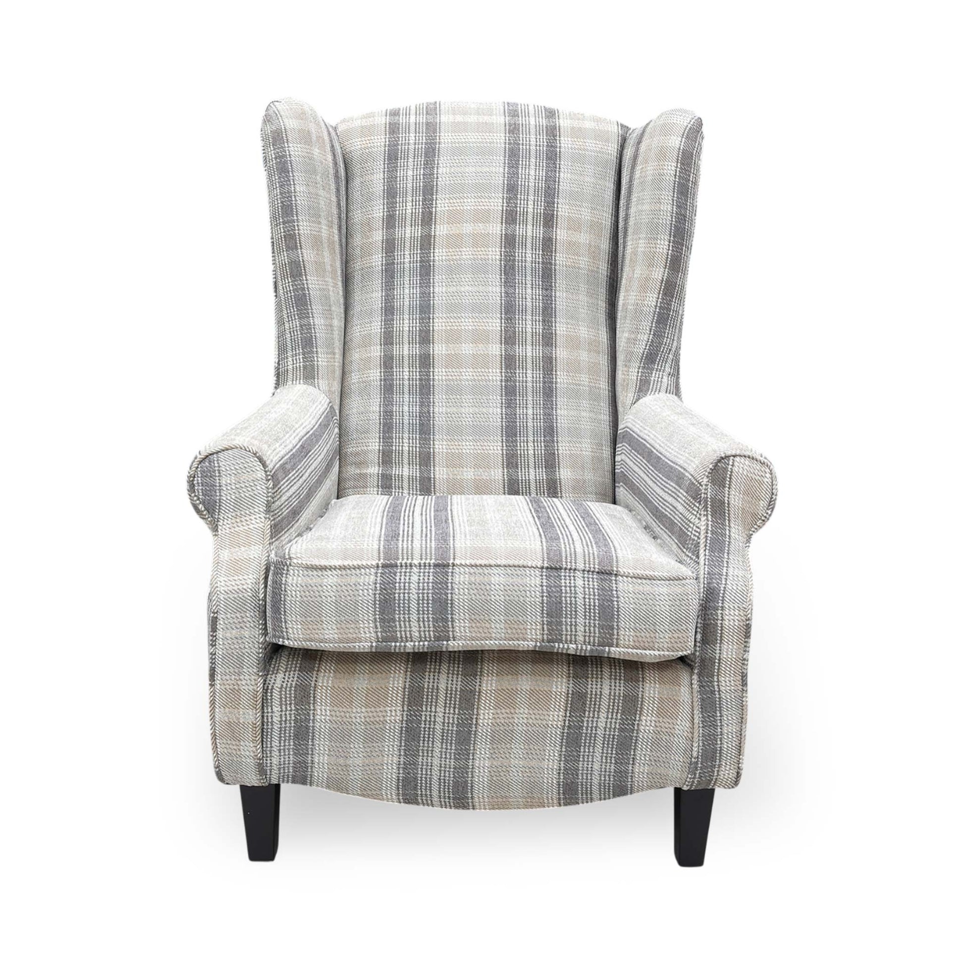 Front View The ‘Shirley’ large accent chair in Taupe and Grey checkered Winchester fabric, featuring a classic tight-weave pattern and a sophisticated, comfortable silhouette.