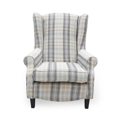 Front View The ‘Shirley’ large accent chair in Taupe and Grey checkered Winchester fabric, featuring a classic tight-weave pattern and a sophisticated, comfortable silhouette.