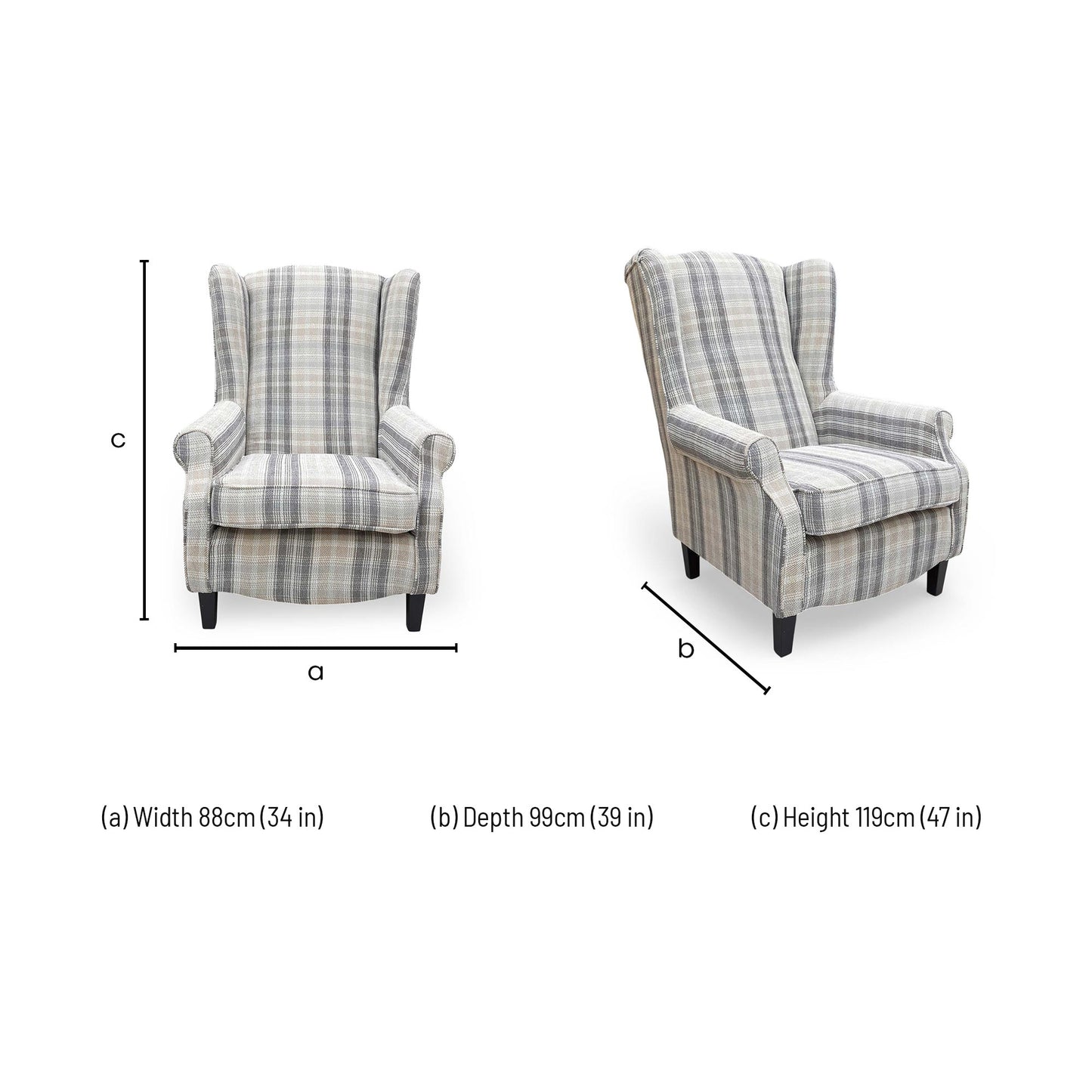 Dimensions for the ‘Shirley’ Taupe and Grey Checkered Pattern Winchester Fabric Large Accent Chair.