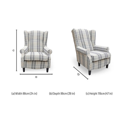 Dimensions for the ‘Shirley’ Taupe and Grey Checkered Pattern Winchester Fabric Large Accent Chair.