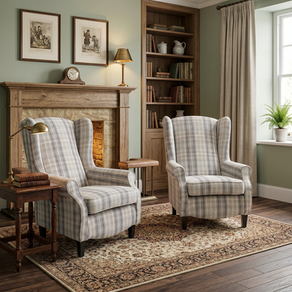 ‘Shirley’ Taupe and Grey Combination Checkered Pattern Tight Weave Winchester Fabric Large Accent Chairs - Set of 2 - product photo 2
