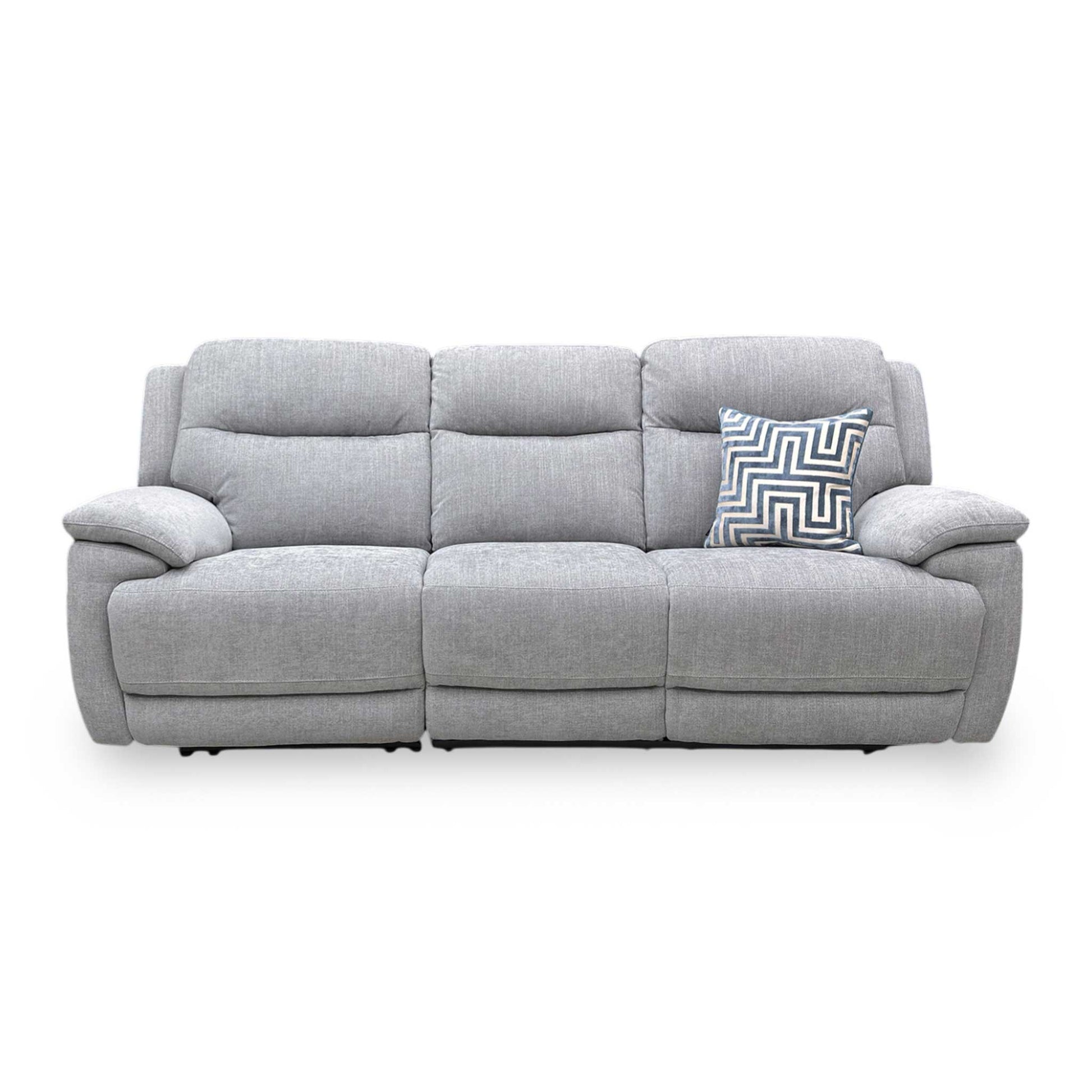 Front view of the ‘Touch’ 3-seater power recliner sofa in Fab-Meo-R27 Pewter fabric, featuring a modern high-back design, softly curved padded arms, and integrated headrests.