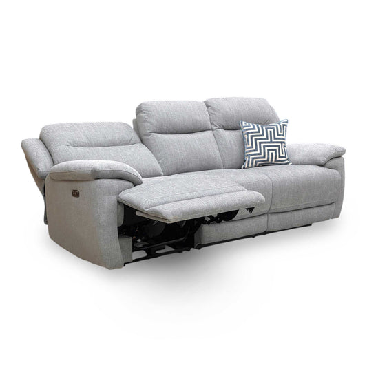 Full view of the ‘Touch’ 3-seater power recliner sofa in Fab-Meo-R27 Pewter fabric, featuring a modern high-back design, softly curved padded arms, and integrated headrests.