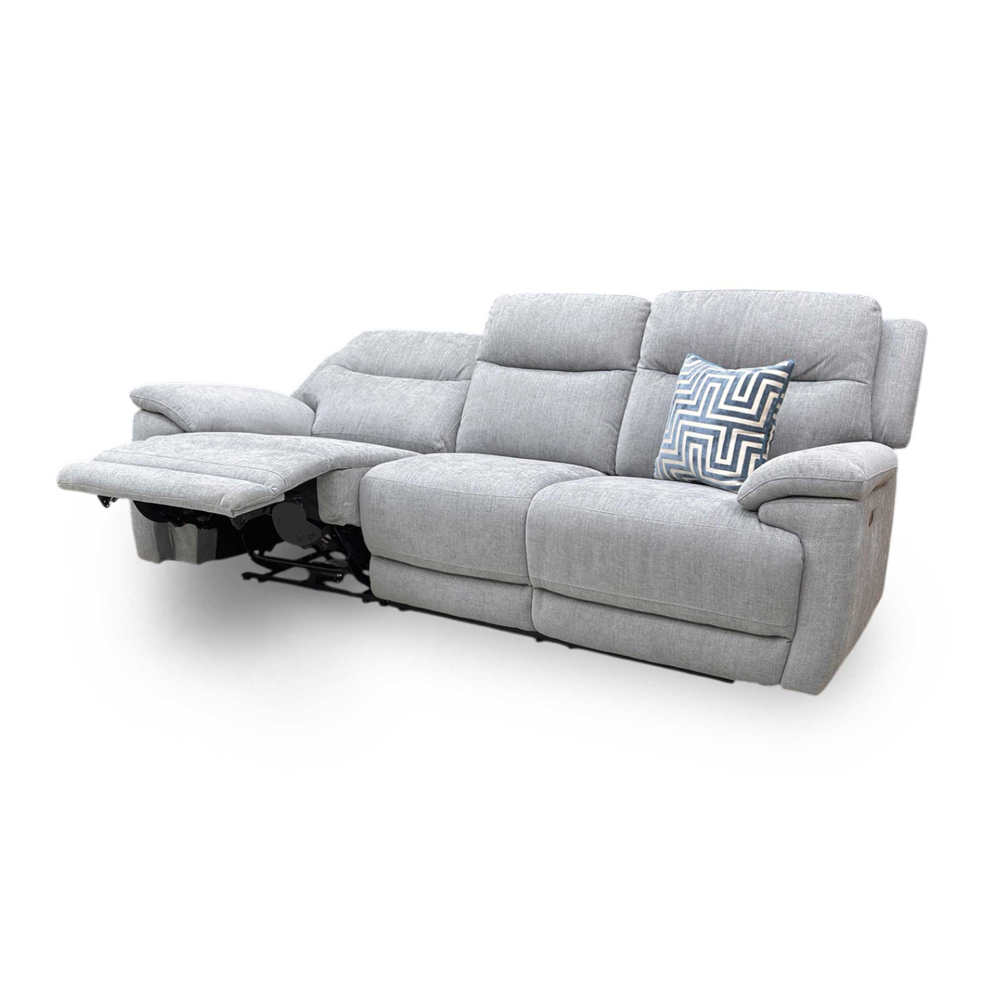 Side profile of the Touch sofa in a fully reclined position, emphasizing the ergonomic lumbar support and the wall-away reclining mechanism.