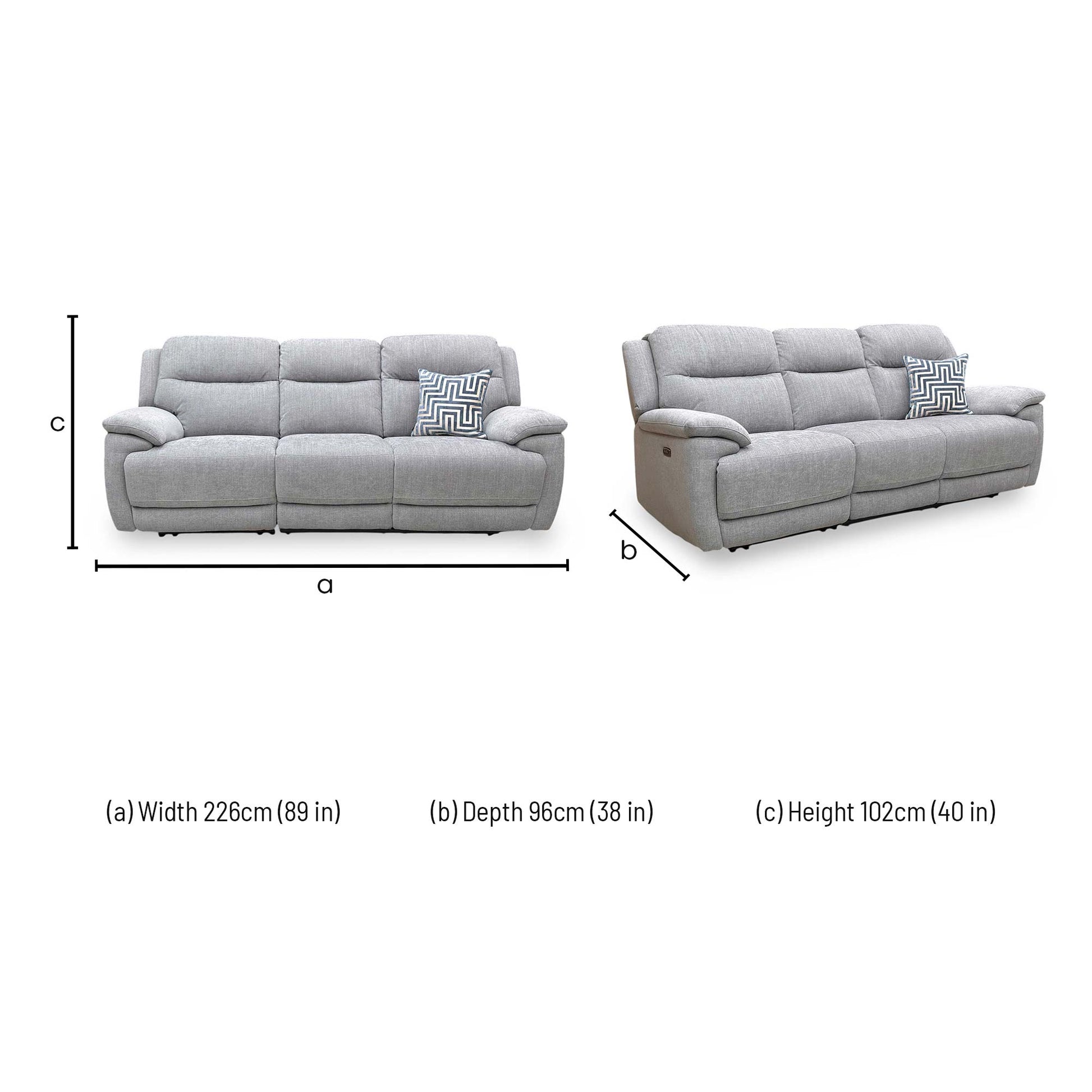 Dimensions for the ‘Touch’ Fab-Meo-R27 Pewter Heavy Duty Fabric 3 Seater Power Recliner Sofa.