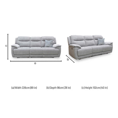 Dimensions for the ‘Touch’ Fab-Meo-R27 Pewter Heavy Duty Fabric 3 Seater Power Recliner Sofa.