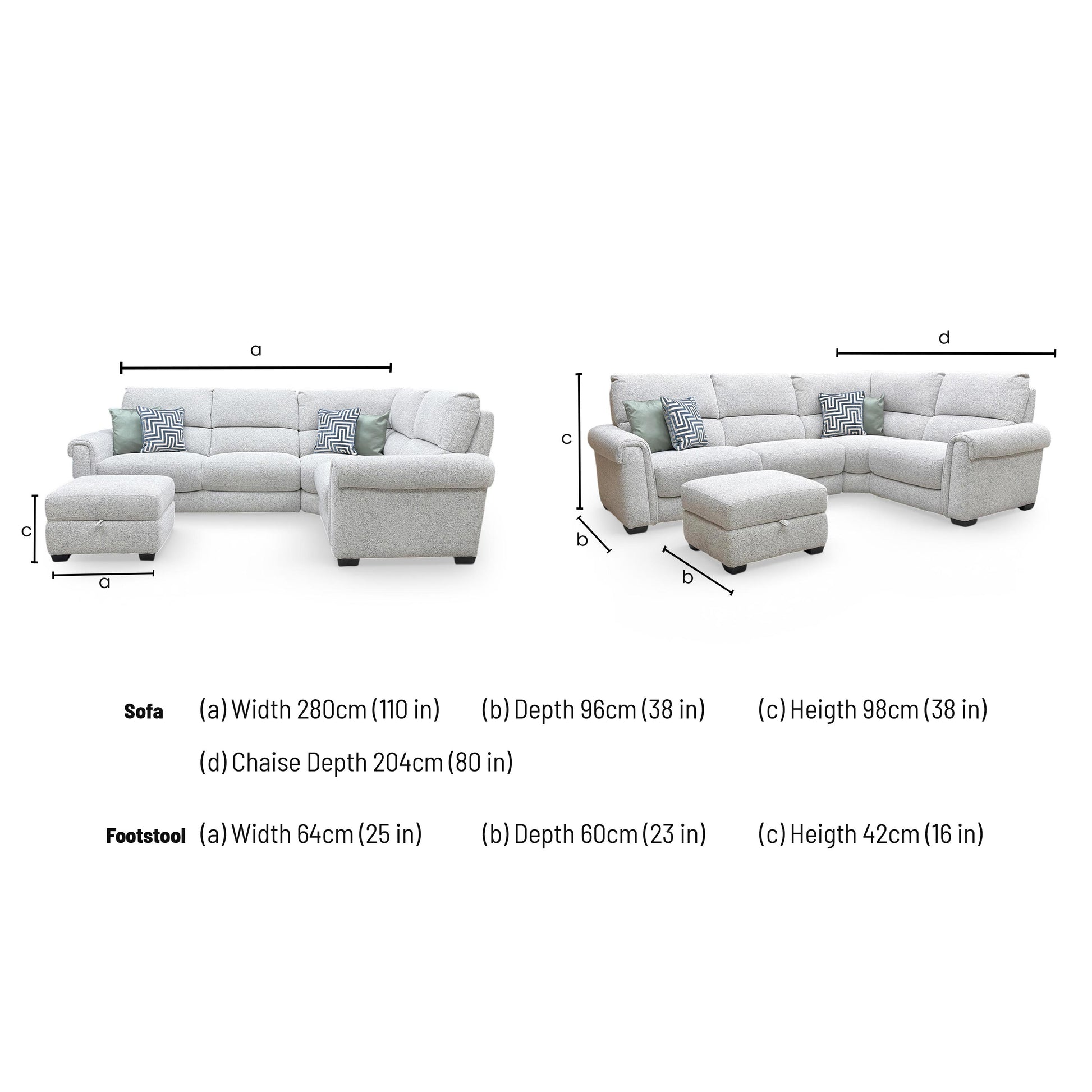 Dimensions for the ‘Nixon’ Fab Mil R104 Oyster Fabric Right Hand Facing Corner Sofa and Storage Footstool.