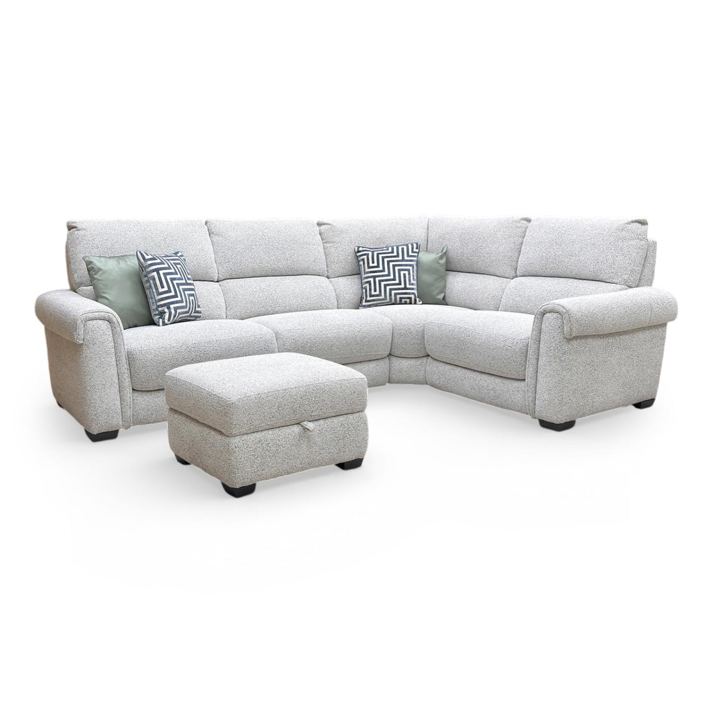 Full view of the ‘Nixon’ right-hand facing (RHF) corner sofa in Oyster fabric, featuring a modern low-profile design, plush scatter back cushions, and a matching storage footstool.