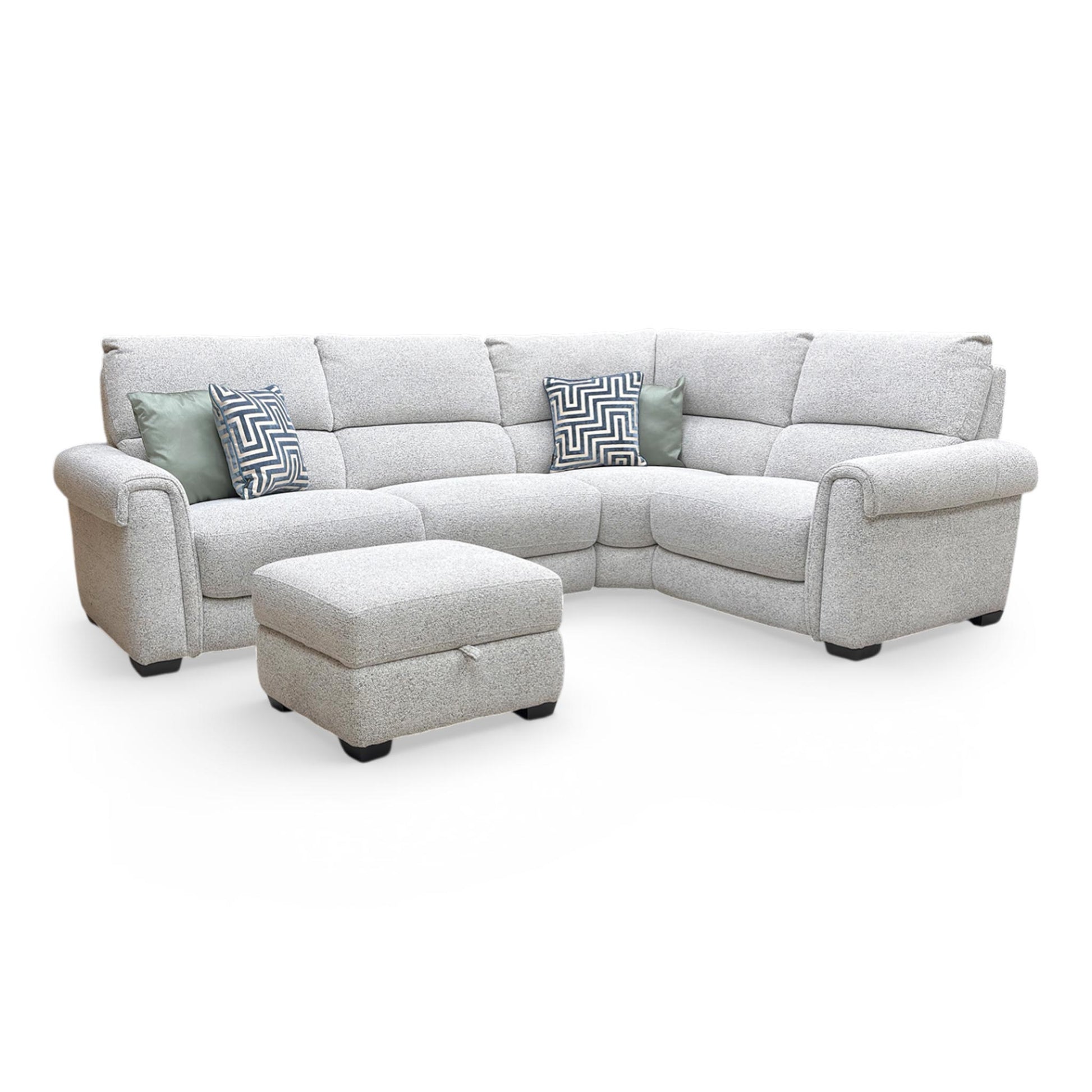 Full view of the ‘Nixon’ right-hand facing (RHF) corner sofa in Oyster fabric, featuring a modern low-profile design, plush scatter back cushions, and a matching storage footstool.