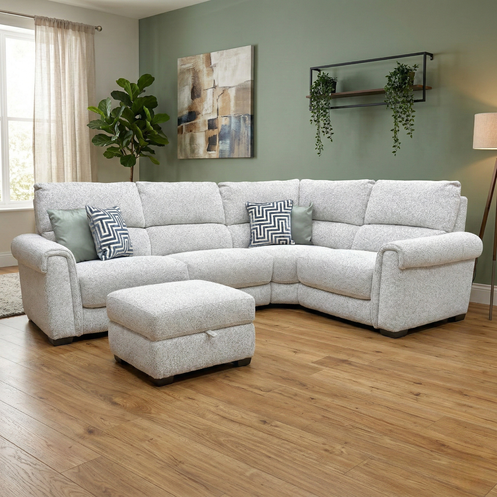 Living room view of the Nixon RHF corner sofa, showcasing the soft-touch textured fabric and the versatile layout suitable for contemporary living rooms.