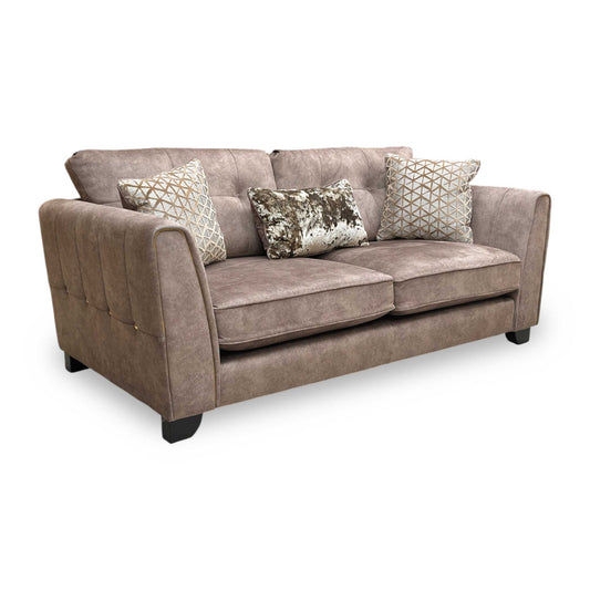 Full view of the ‘Mariah Ariana’ 3-seater classic back sofa in Dapple Chocolate velvet, featuring elegant curved arms and a sophisticated brass insert detail.