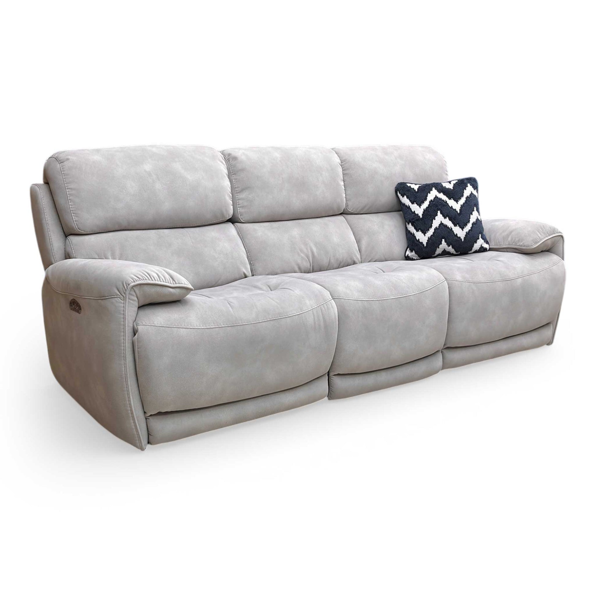 Side shot of the integrated power control panel, showing the metallic buttons for reclining and headrest functions along with a built-in USB charging port.