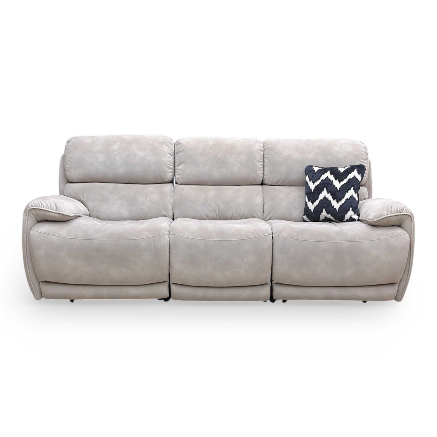 Front view of the ‘Link’ 3-seater power recliner sofa in Silver fabric, featuring a sleek modern design, contrast piping, and independent power headrests.