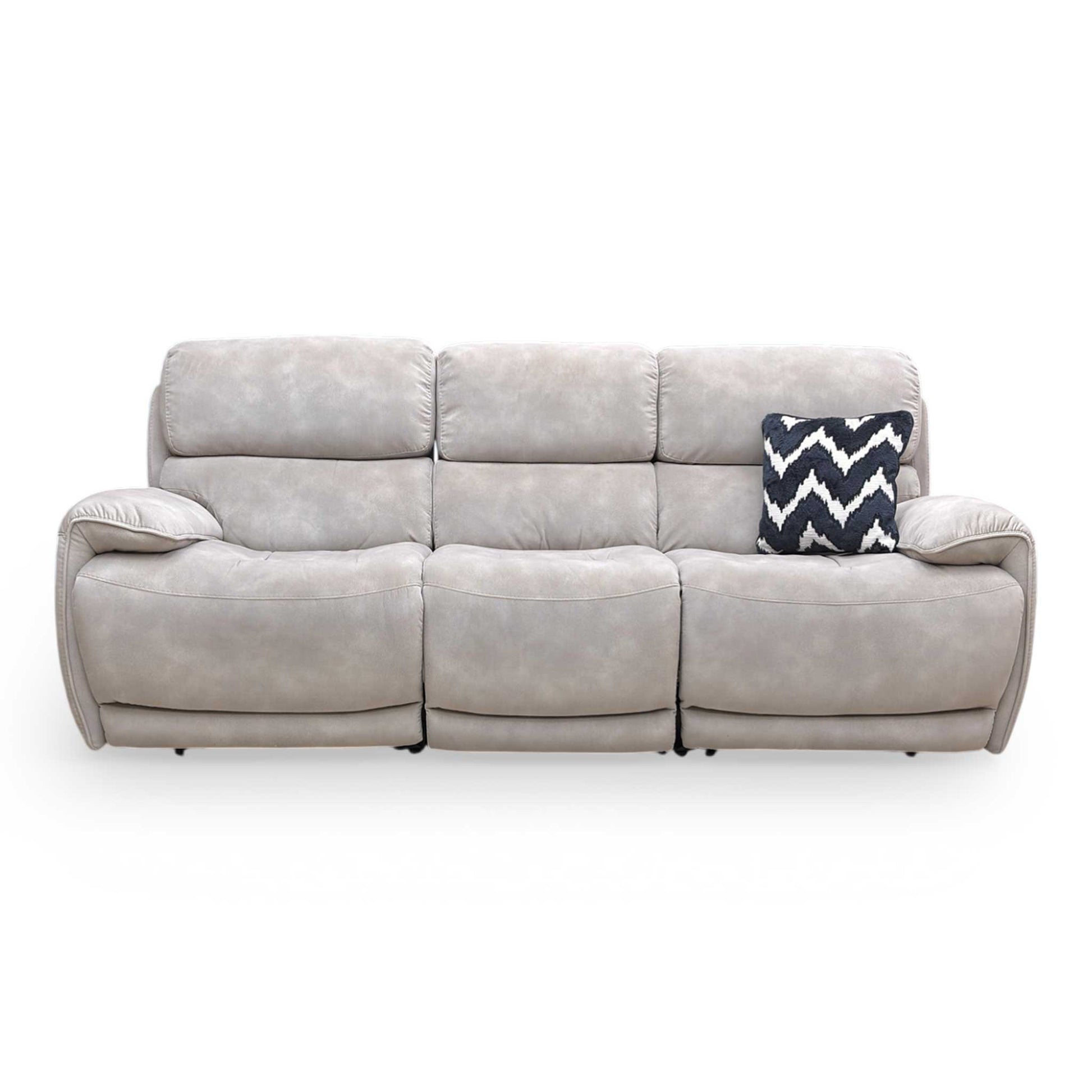 Front view of the ‘Link’ 3-seater power recliner sofa in Silver fabric, featuring a sleek modern design, contrast piping, and independent power headrests.