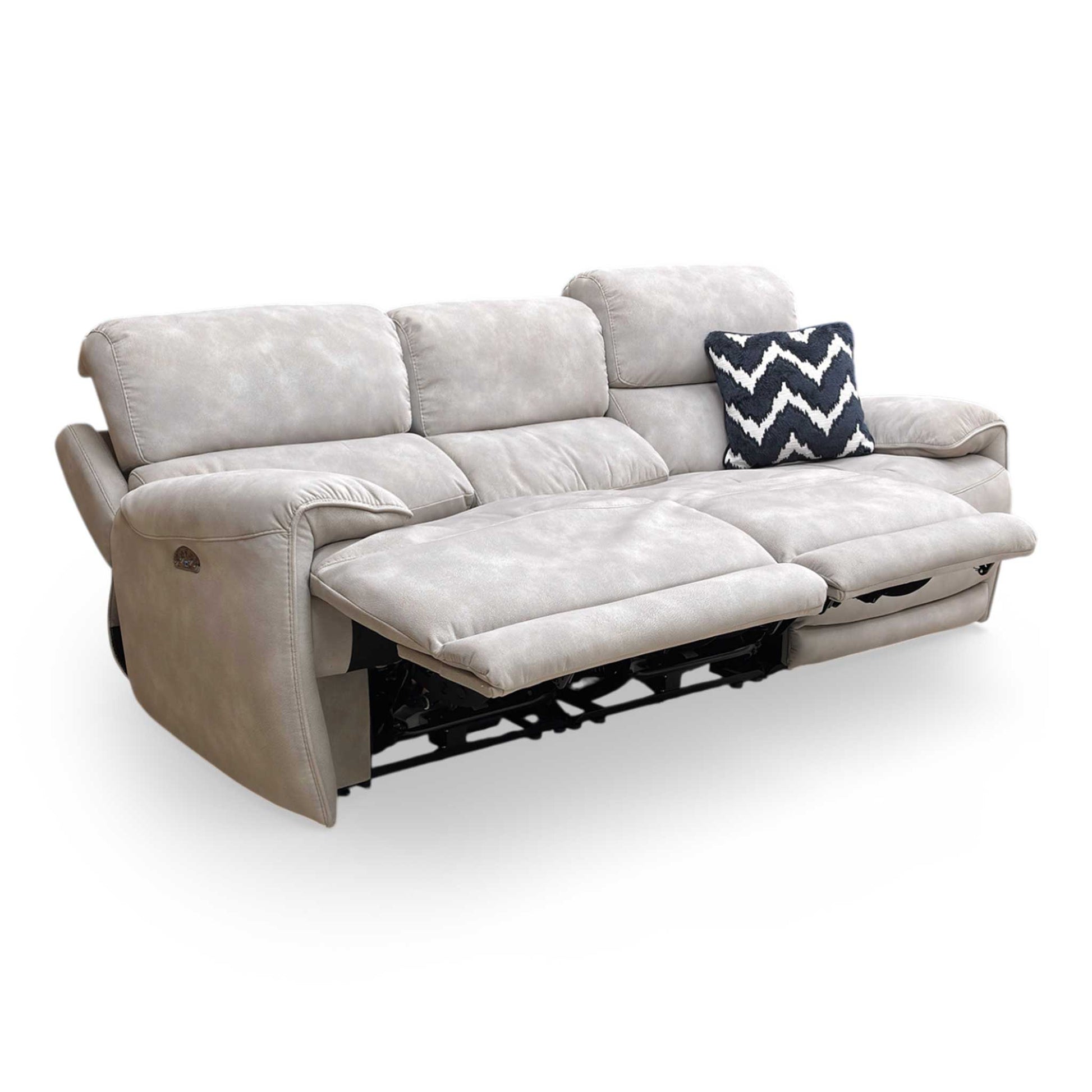 Full view of the ‘Link’ 3-seater power recliner sofa in Silver fabric, featuring a sleek modern design, contrast piping, and independent power headrests.