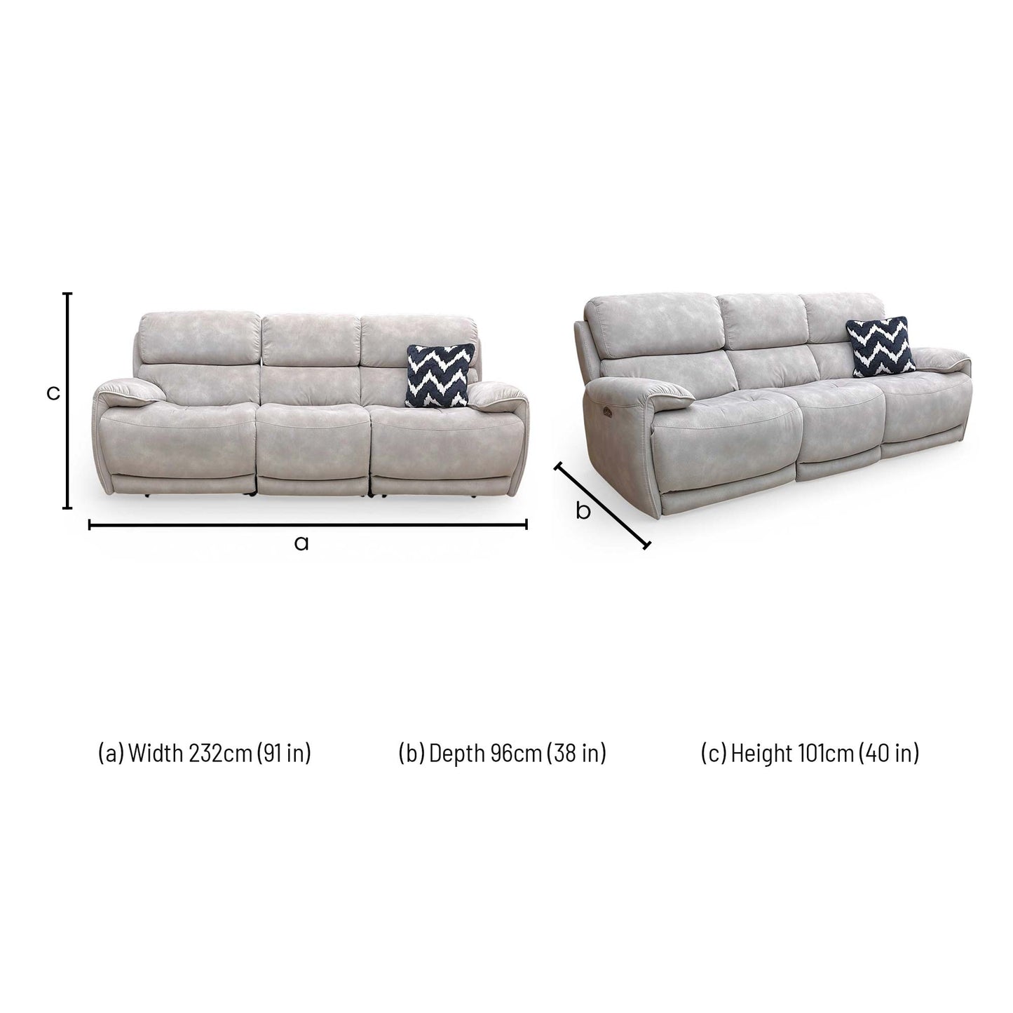 Dimensions for the ‘Link’ BFA BLJ-R946 Silver Fabric 3 Seater Power Recliner Sofa.
