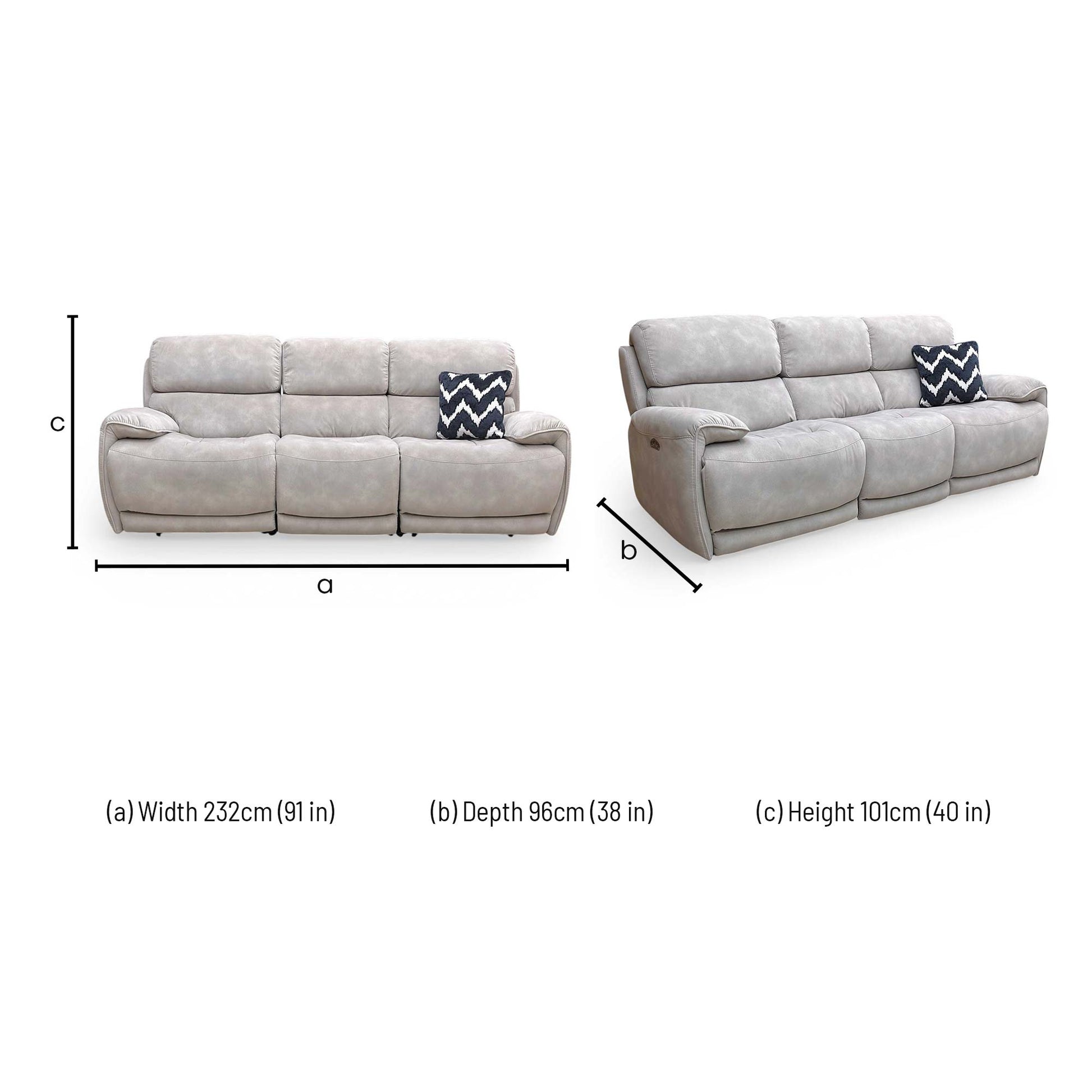 Dimensions for the ‘Link’ BFA BLJ-R946 Silver Fabric 3 Seater Power Recliner Sofa.