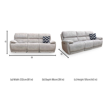 Dimensions for the ‘Link’ BFA BLJ-R946 Silver Fabric 3 Seater Power Recliner Sofa.