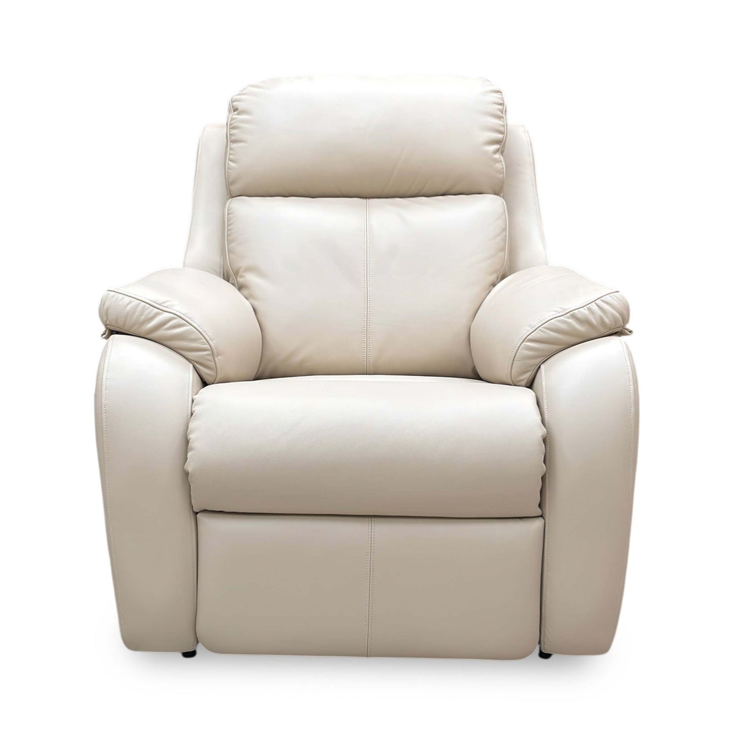 Front view of the G Plan ‘Kingsbury’ power recliner chair in Cambridge Stone leather, featuring shapely wing details, a high back, and a premium pad-over-chaise design.