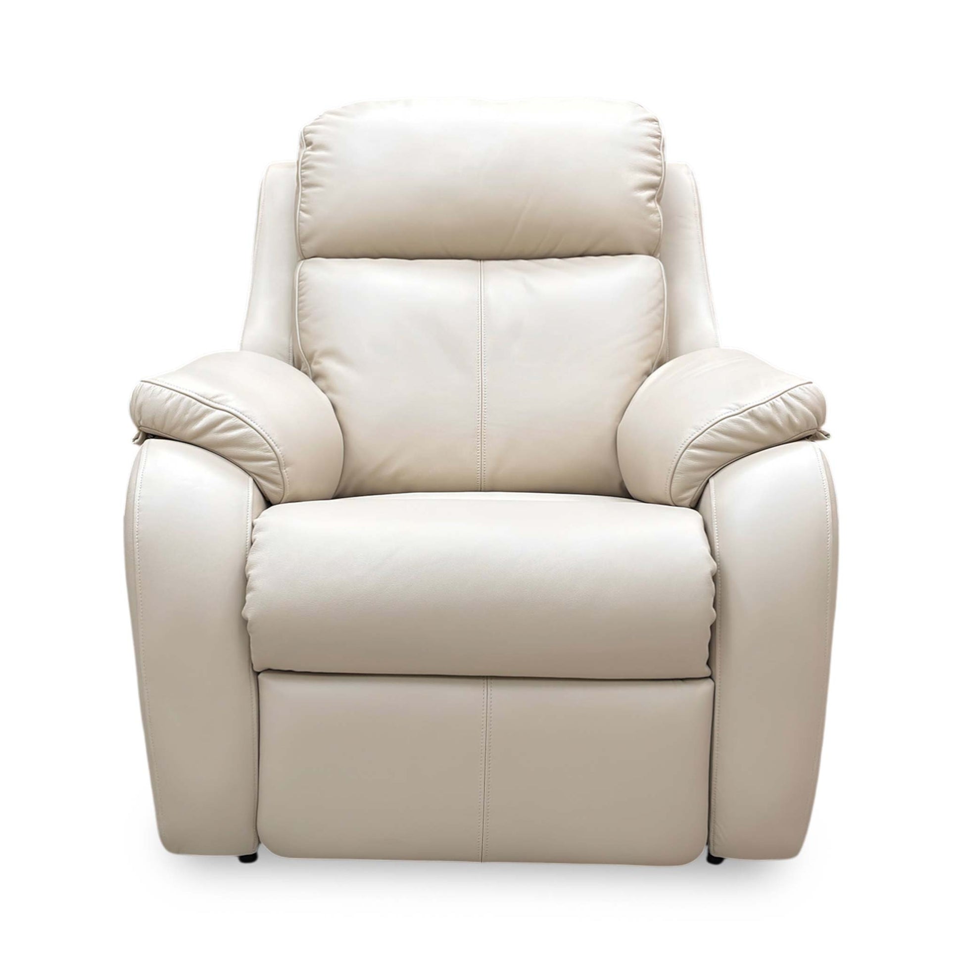 Front view of the G Plan ‘Kingsbury’ power recliner chair in Cambridge Stone leather, featuring shapely wing details, a high back, and a premium pad-over-chaise design.
