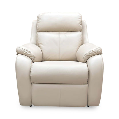 Front view of the G Plan ‘Kingsbury’ power recliner chair in Cambridge Stone leather, featuring shapely wing details, a high back, and a premium pad-over-chaise design.