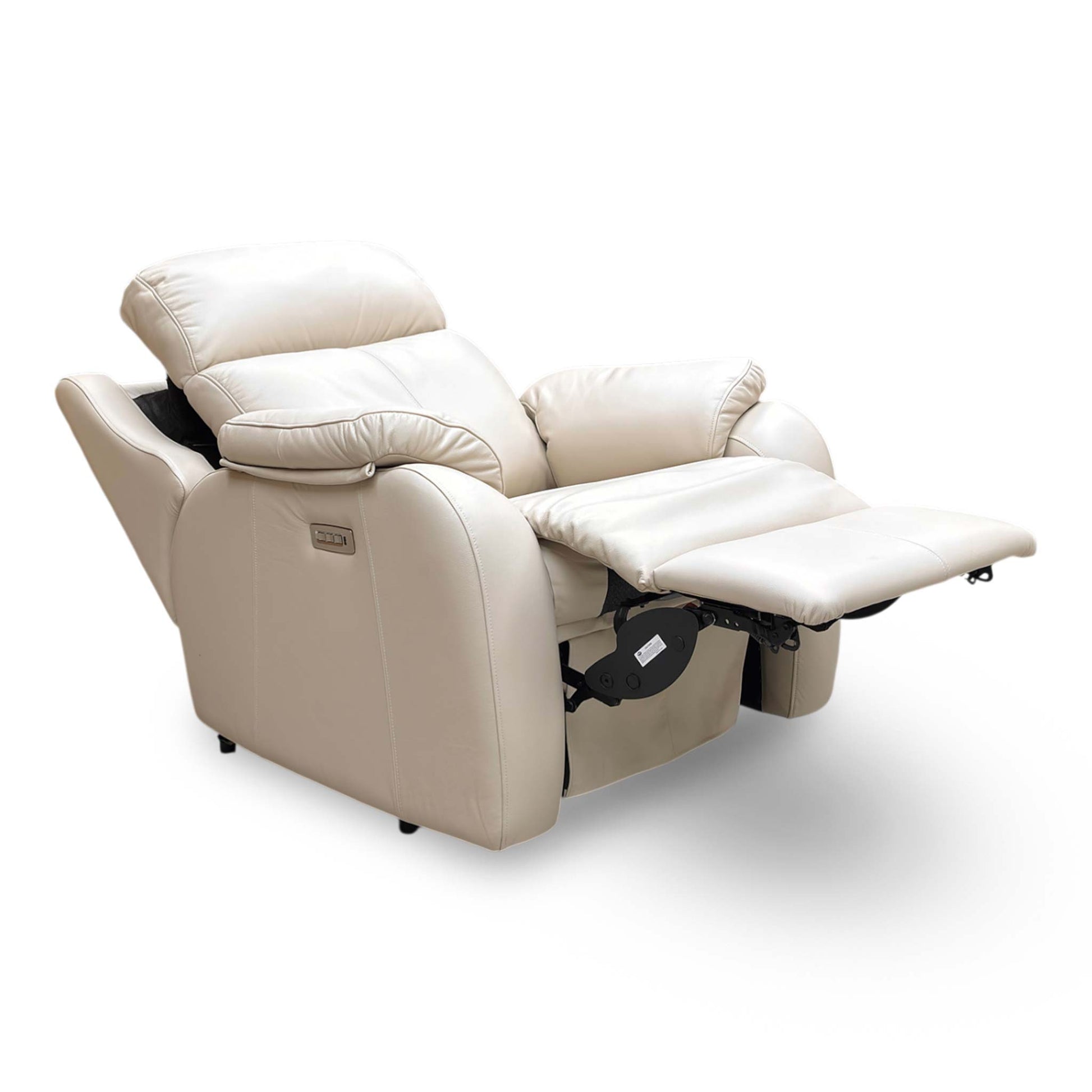 Full view of the G Plan ‘Kingsbury’ power recliner chair in Cambridge Stone leather, featuring shapely wing details, a high back, and a premium pad-over-chaise design.