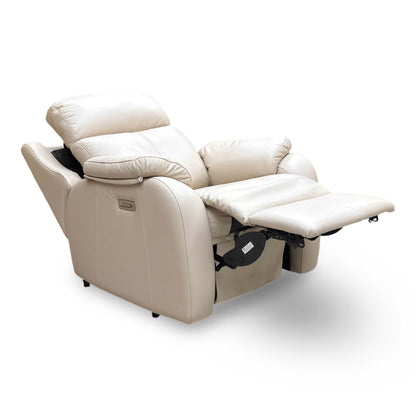 Full view of the G Plan ‘Kingsbury’ power recliner chair in Cambridge Stone leather, featuring shapely wing details, a high back, and a premium pad-over-chaise design.