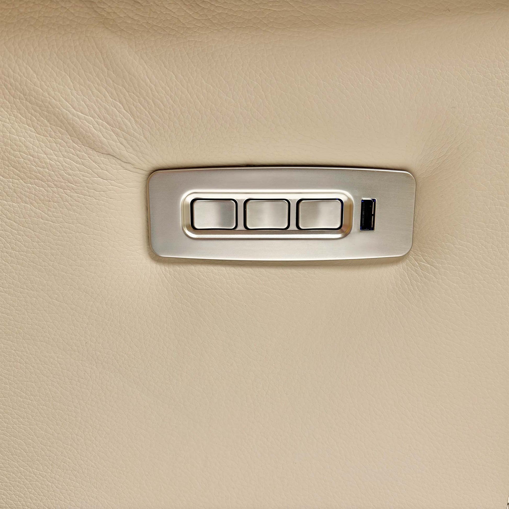 Close-up of the Cambridge Stone leather, highlighting the natural grain texture, soft-touch finish, and high-quality tailored stitching.