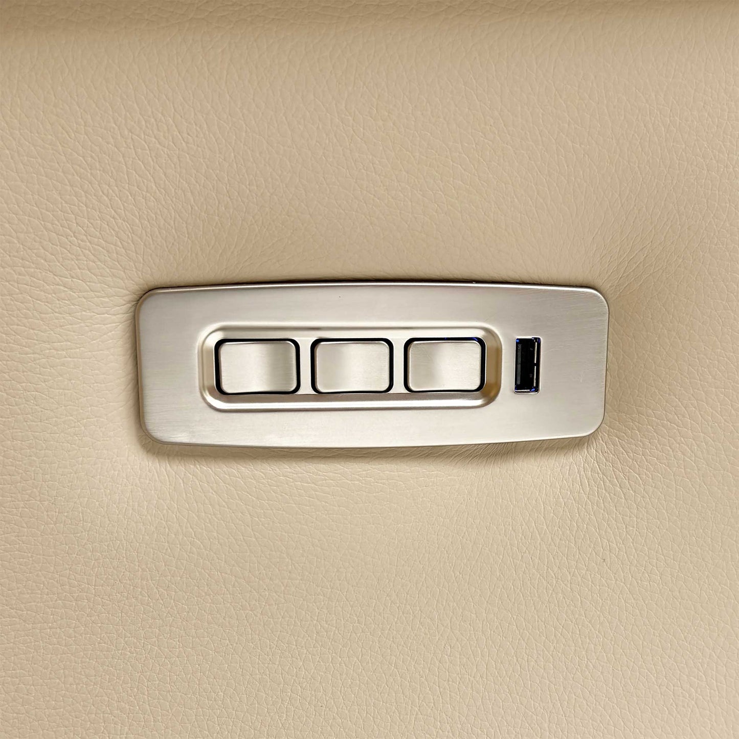 Close-up of the Cambridge Stone (L843) leather upholstery, highlighting the premium natural grain, soft-touch texture, and precision tonal stitching.