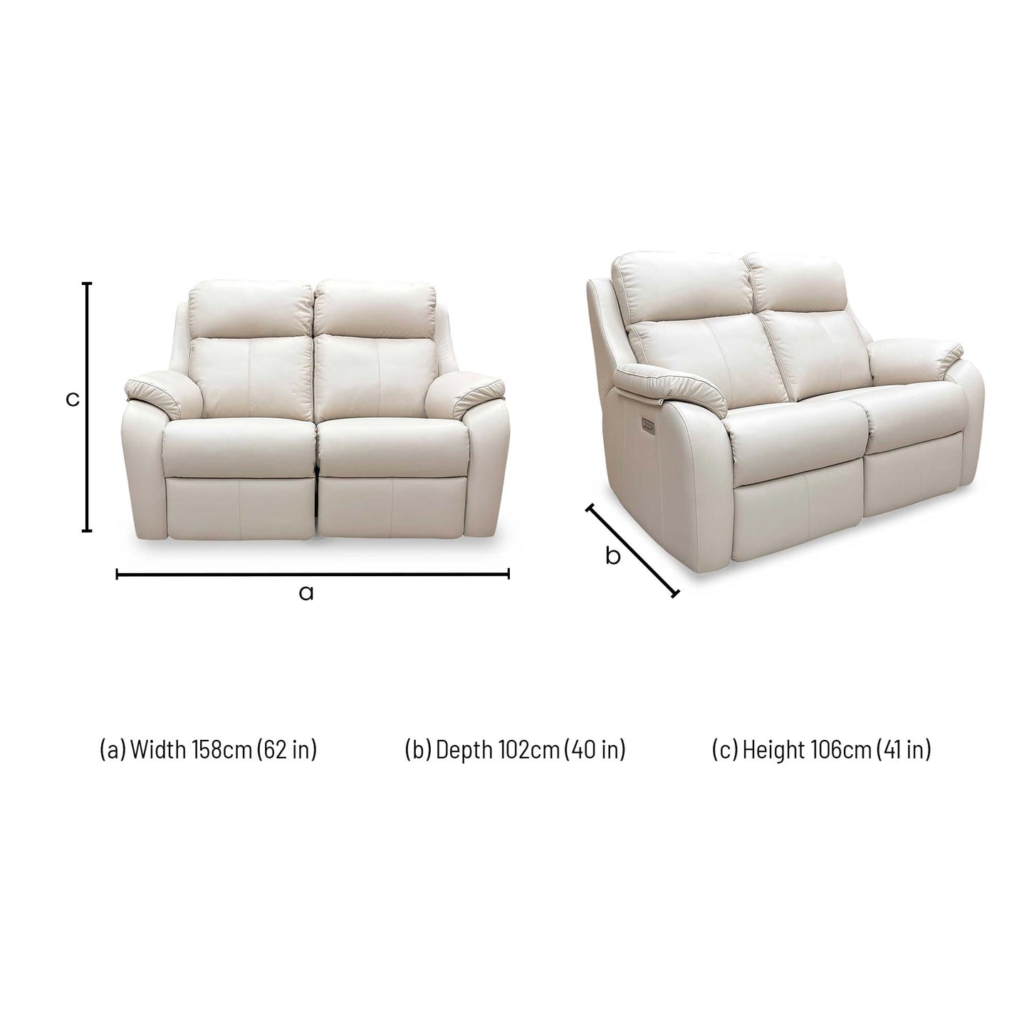 Dimensions for the G Plan ‘Kingsbury’ L843 Cambridge Stone Leather 2 Seater Power Recliner Sofa.