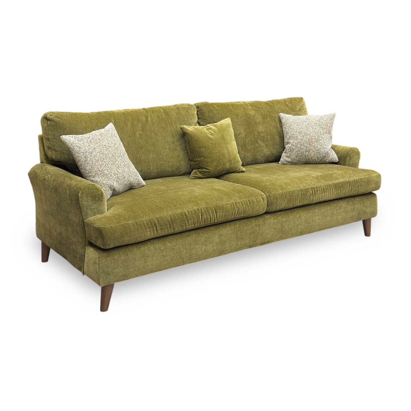 Full view of Furniture Village 'Jackson' 4-seater sofa upholstered in soft olive green chenille fabric.