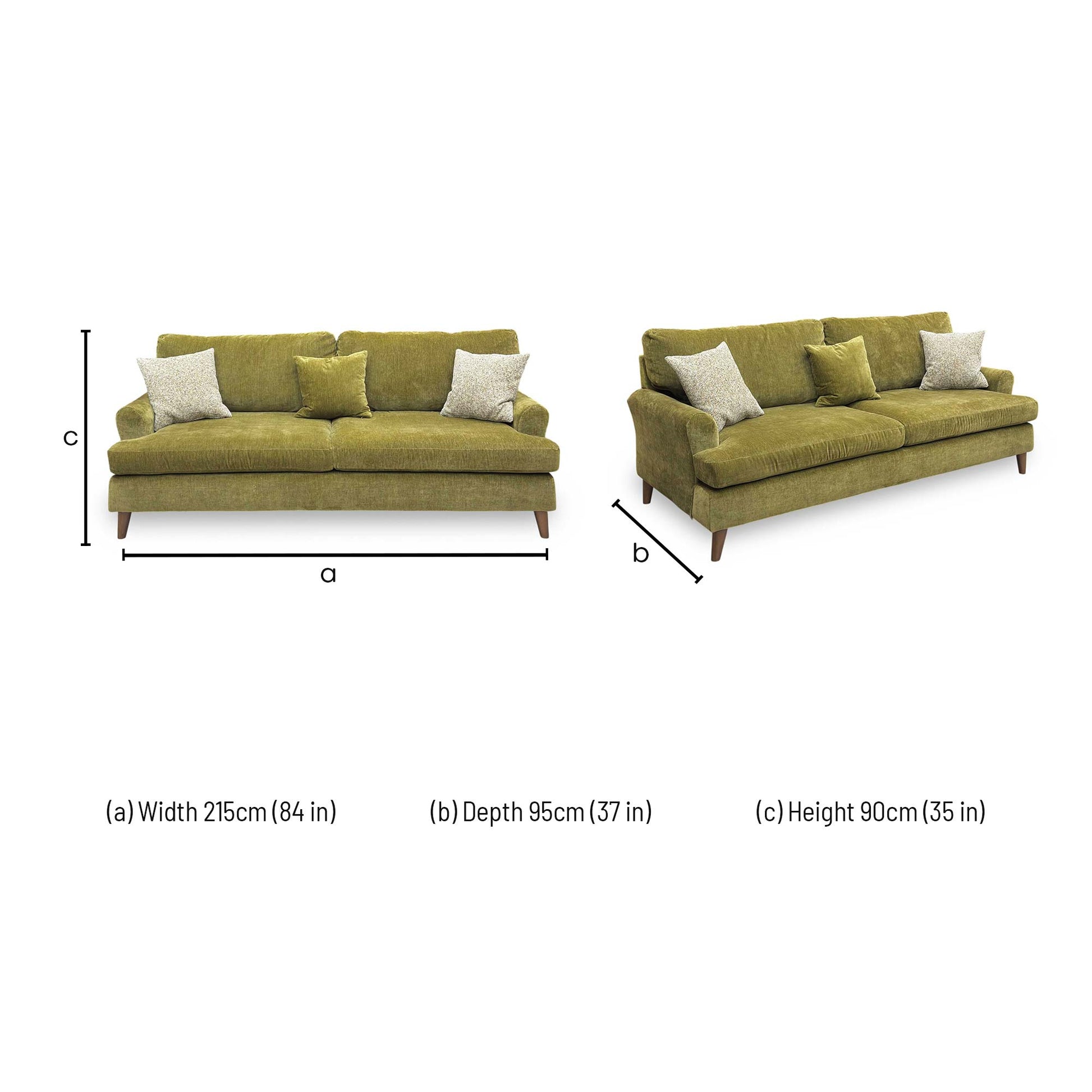 Dimension diagram for the Jackson olive green chenille fabric 4-seater sofa.