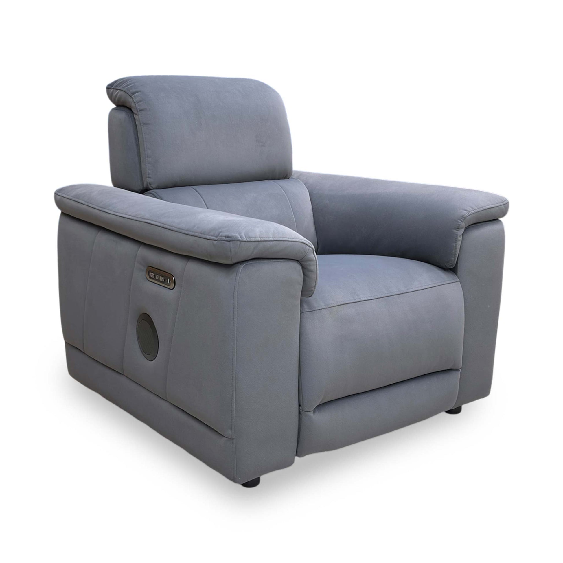 Side profile of the Genius chair in a fully reclined position, emphasizing the ergonomic support and the streamlined integration of the power mechanisms.