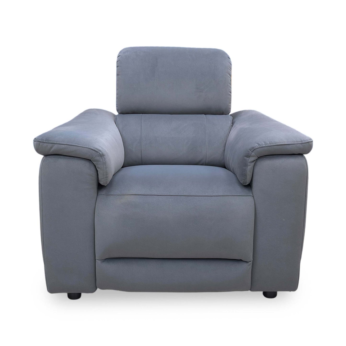 Front view of the ‘Genius’ power recliner chair in Bella Iron Grey 43460 velvet, featuring a modern high-back design, padded armrests, and integrated tech features.