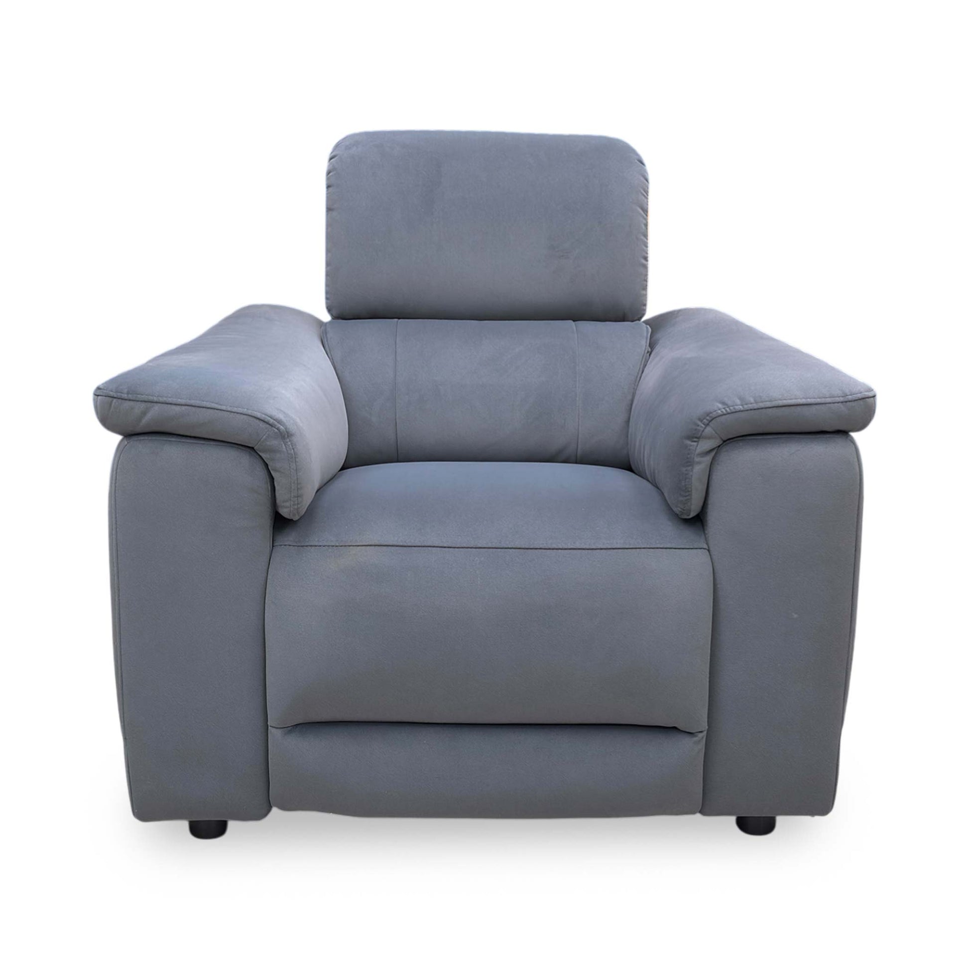 Front view of the ‘Genius’ power recliner chair in Bella Iron Grey 43460 velvet, featuring a modern high-back design, padded armrests, and integrated tech features.