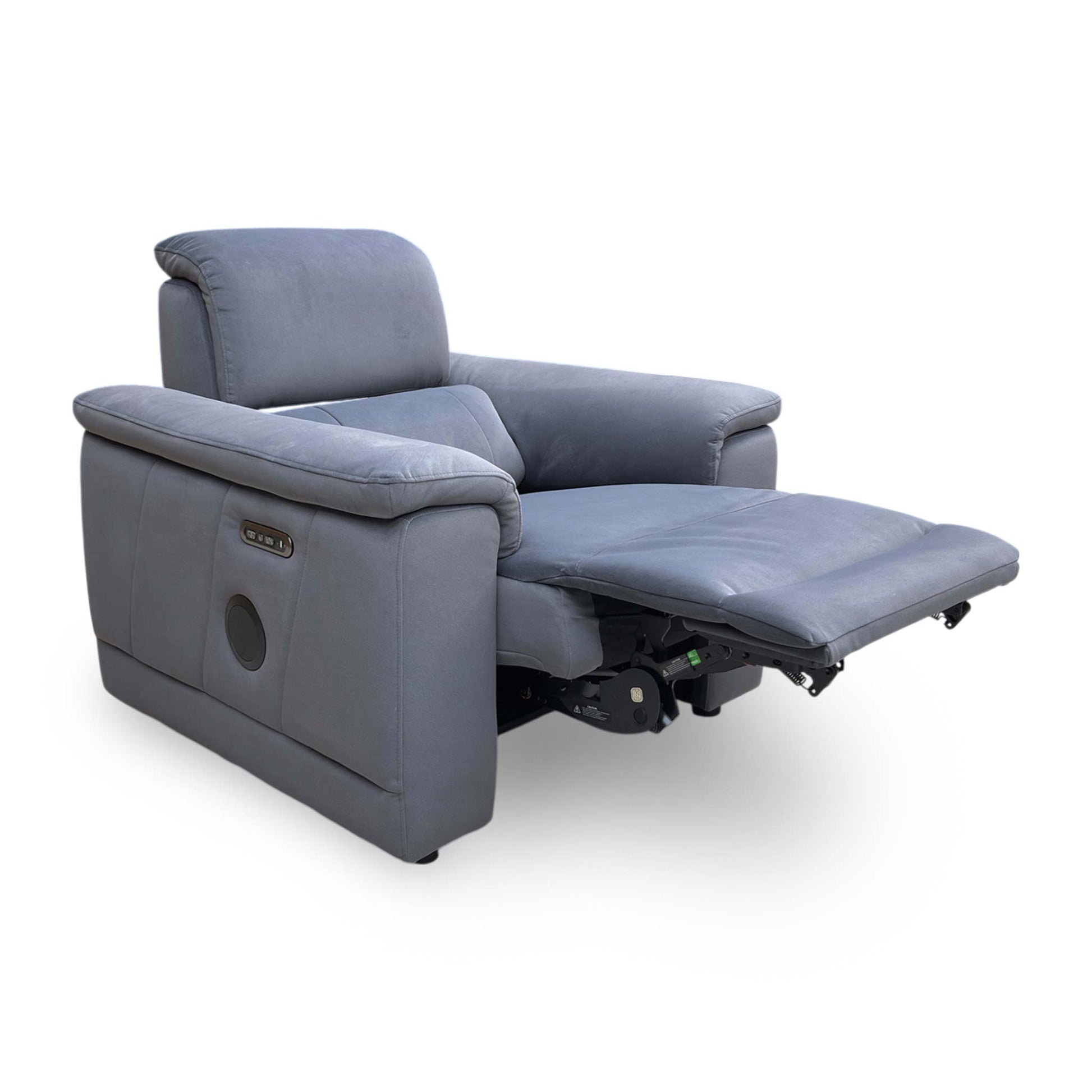 Full view of the ‘Genius’ power recliner chair in Bella Iron Grey 43460 velvet, featuring a modern high-back design, padded armrests, and integrated tech features.