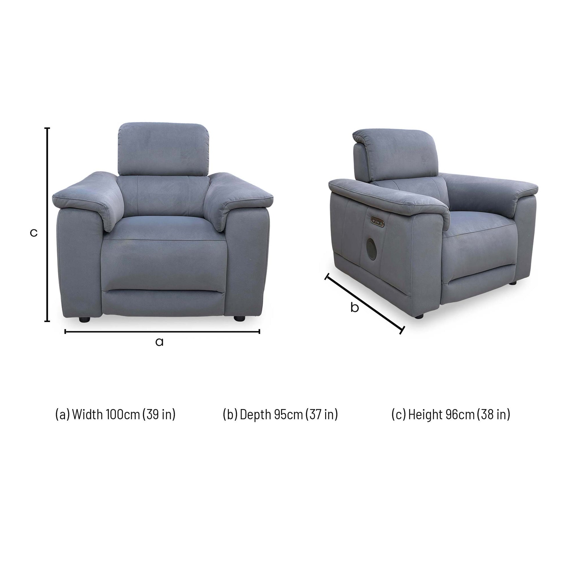 Dimensions for the ‘Genius’ Bella Iron Grey 43460 Velvet Power Recliner Chair.