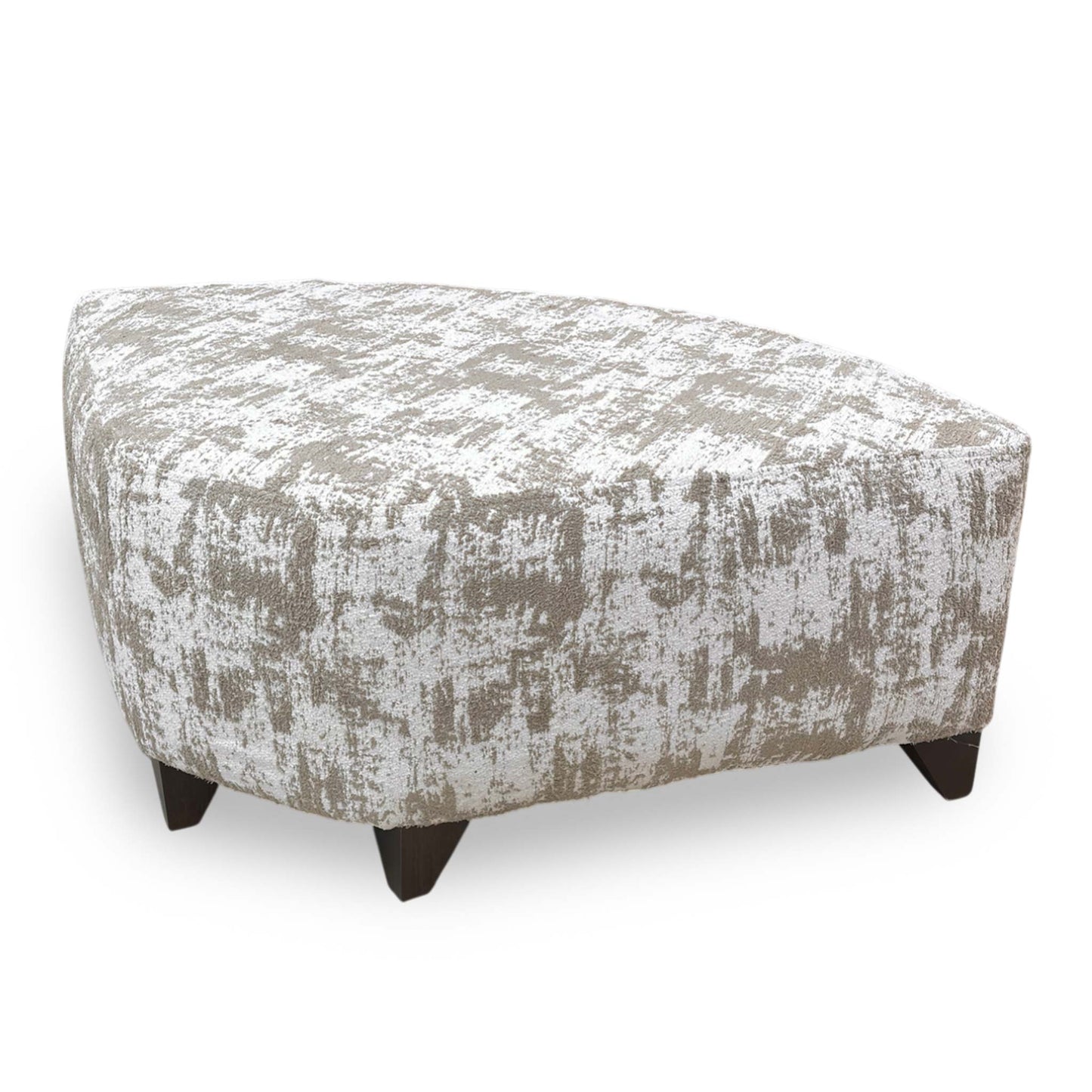 Side profile of the Aura wedge footstool, emphasizing the clean contemporary lines and the tailored upholstery finish of the angled frame.