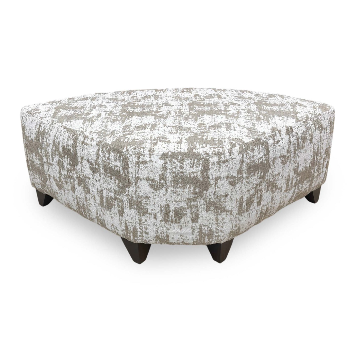 Side profile of the Aura wedge footstool, emphasizing the clean contemporary lines and the tailored upholstery finish of the angled frame.