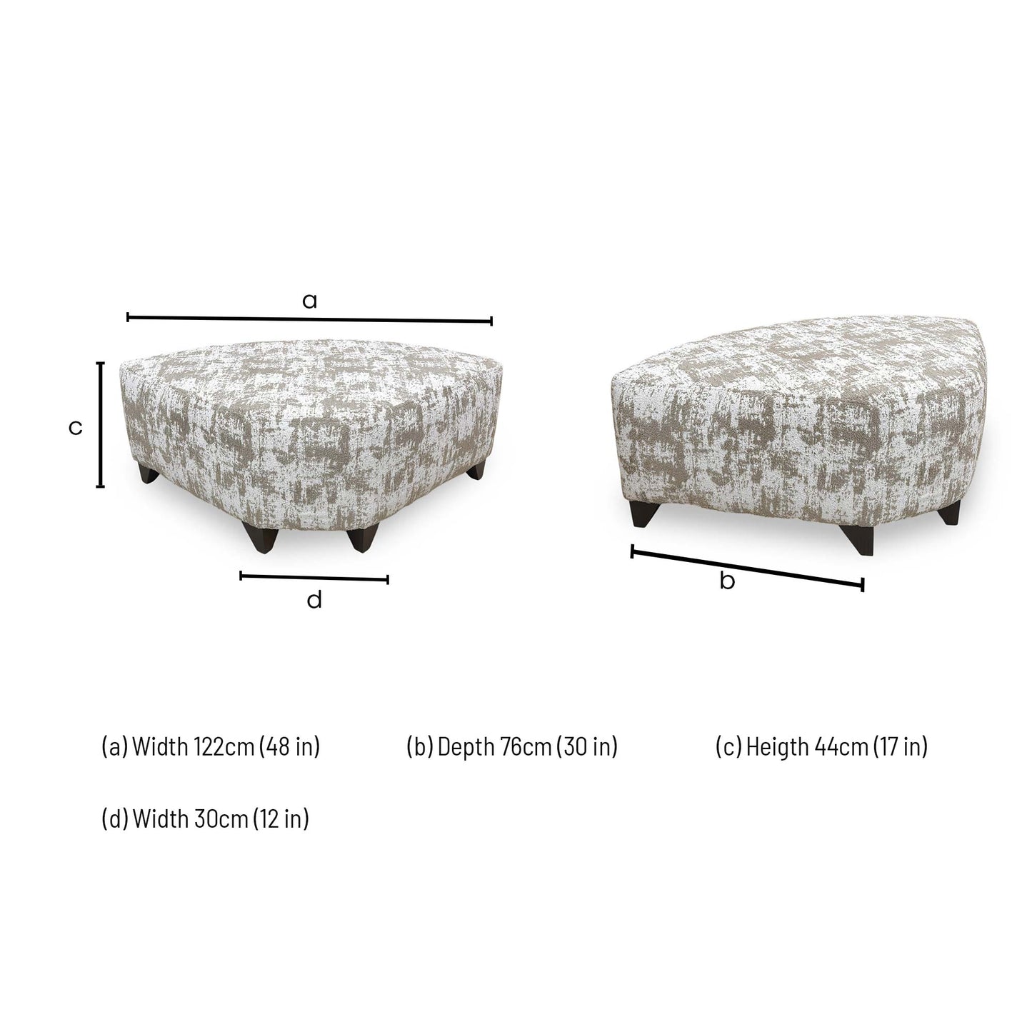 Dimensions for the ‘Aura’ Kai Mocha DW FT Fabric Wedge Footstool.
